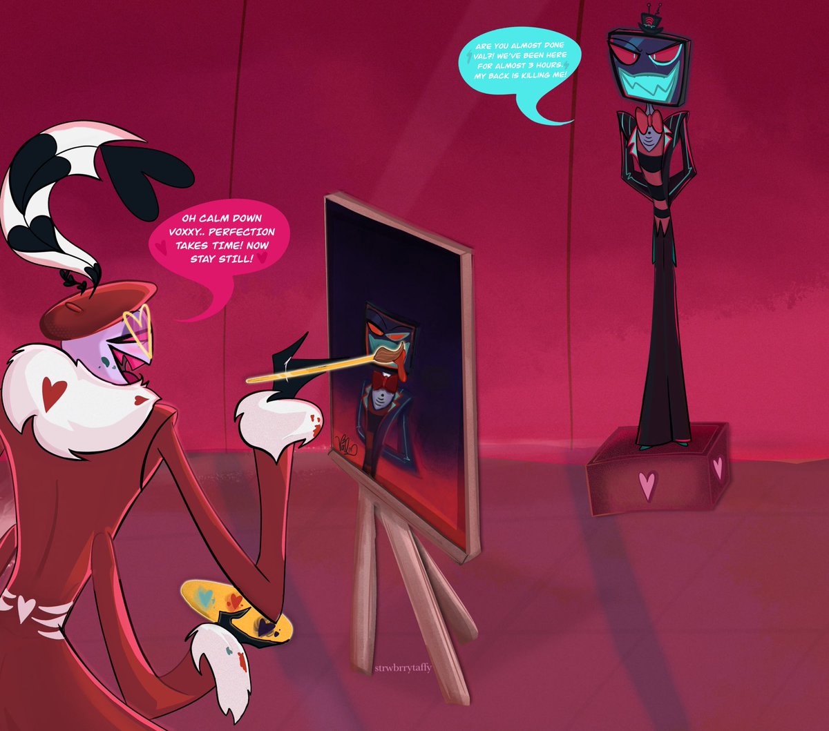 strwbrrytaffy's tweet image. Val is taking his sweet time 🎨📺🦋 

#VoxVal #StaticMoth #HazbinHotel #HazbinHoteFanart #HazbinHotelValentino #HazbinHotelVox #ValVox