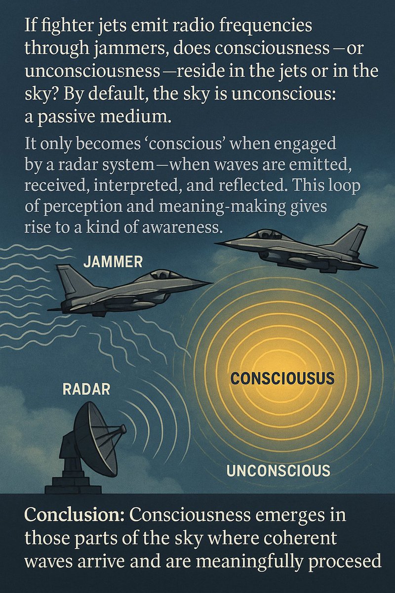 CankayKoryak's tweet image. If fighter jets emit radio frequencies through jammers, does consciousness—or unconsciousness—reside in the jets or in the sky? By default, the sky is unconscious: a passive medium.
It only becomes “conscious” when engaged by a radar system—when waves are emitted, received,…