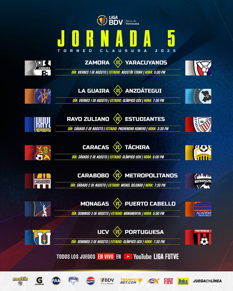 🙌🏼 • Repasa lo que nos traerá la Jornada 5 desde el próximo 1º de agosto 

😏 • ¿En qué estadio estarás presente? 

#LigaBancoDeVenezuela
