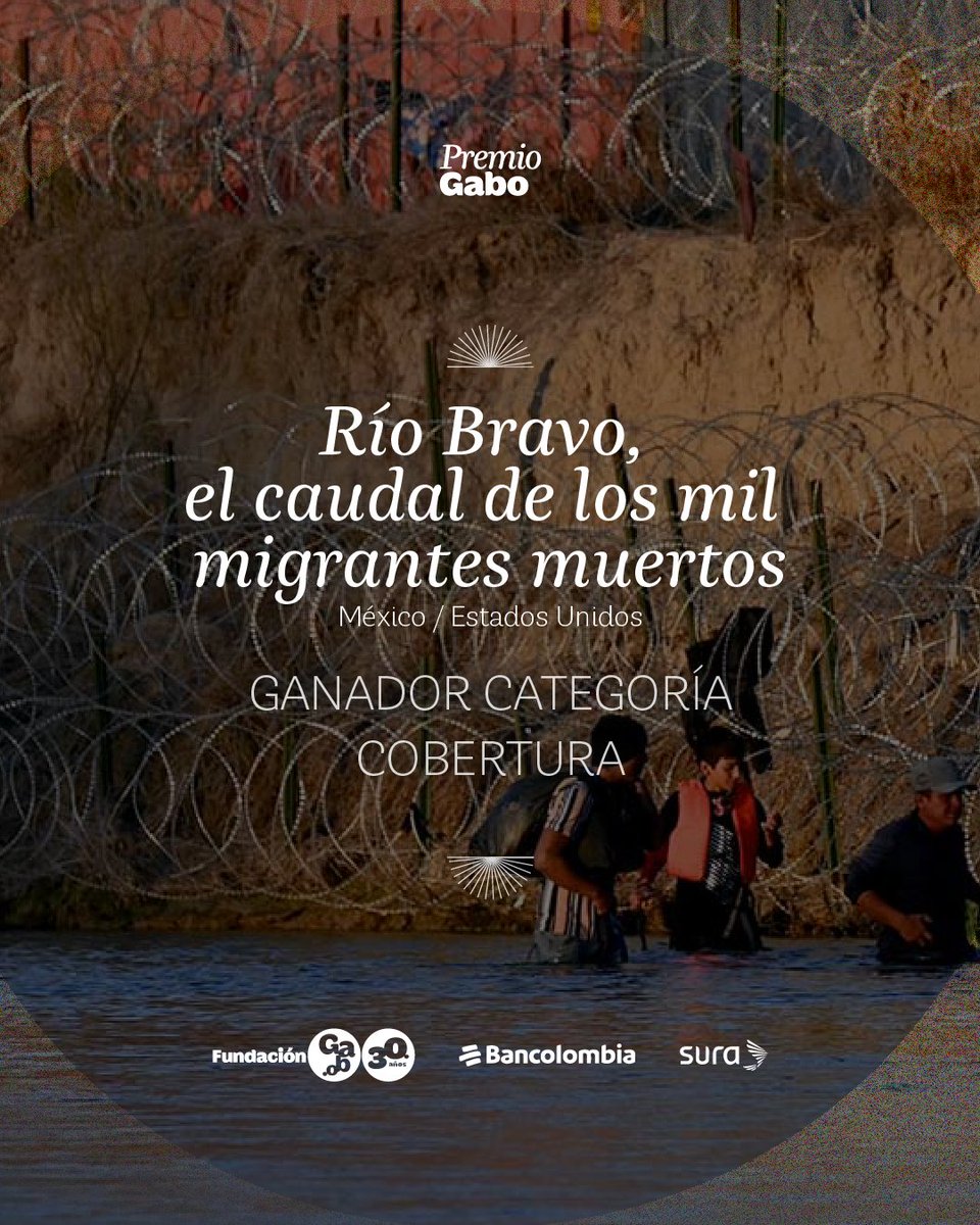 Felicitamos a <a href="/MiriamRmz86/">Miriam Ramírez</a>, Justin Hamel, Paola Reyes, <a href="/valeros11/">Valente Rosas</a>, Alejandra Franco, <a href="/silbermeza/">Silber Meza</a>, <a href="/DanGuazoM/">Daniela Guazo</a>, Melissa del Bosque,  Mónica Camacho, <a href="/cboutaud/">Charles Boutaud</a>,  <a href="/JackSapoch/">Jack Sapoch</a>, <a href="/charlottealfred/">Charlotte Alfred</a> y Ariadne Papagapitos, autores de  “Río Bravo, el caudal de los mil migrantes muertos”,