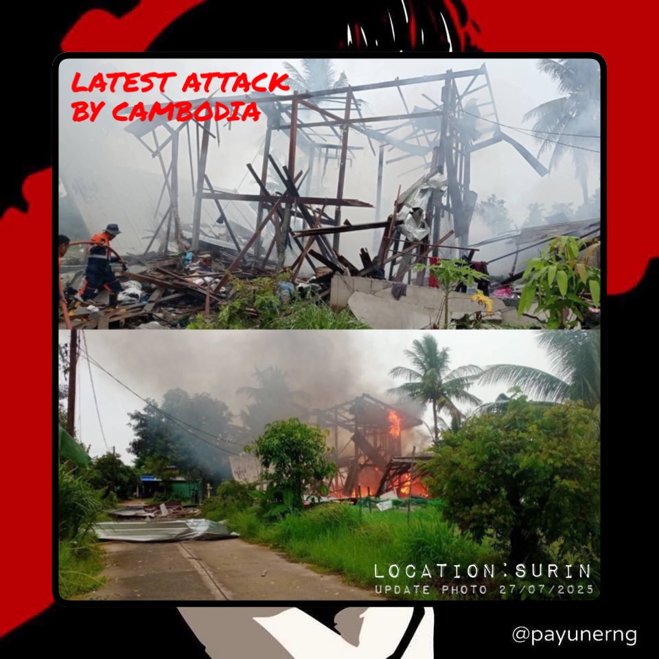 payunerng's tweet image. Latest Attack Update 🚩 - Photos below are from the attack earlier this morning in Surin province by the Cambodian artillery, it is believed to be a result of multiple BM-21 rockets. Despite the demand by Cambodia for a ceasefire agreement with Thailand.. So far there is no…
