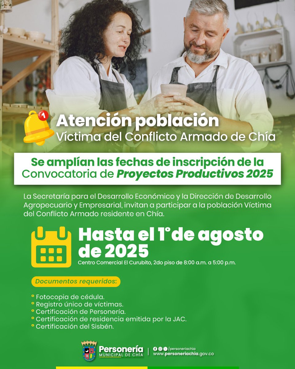 📢 ¡Atención población víctima del conflicto armado residente en Chía! 👇🏼
facebook.com/share/p/1C7GTM…

<a href="/AlcaldiaChia/">Alcaldía de Chía</a> <a href="/concejochia/">@concejochia</a> <a href="/Canal8Regional/">Canal 8</a>