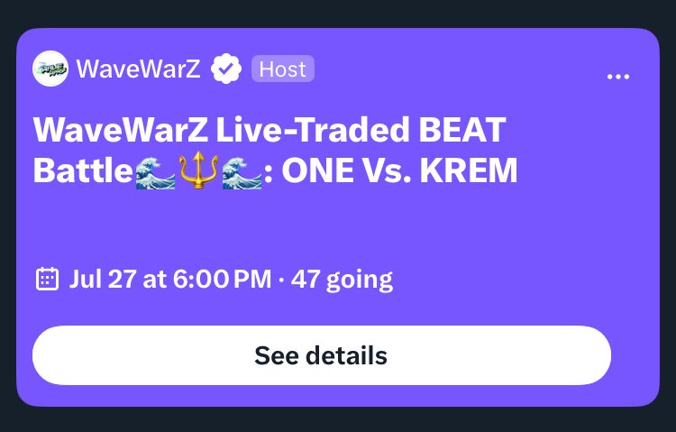 Woah fam. 

This is the MOST amount of reminders we’ve ever had for a WaveWarZ battle 

🌊✅🌊

The first ever live-traded beat battle feat. <a href="/OneGotBeats/">One ☠️</a> vs. <a href="/KremBeats/">Krem🎚️🥷</a> tomorrow will certainly be one for the books.

Thank you to the FAM 🌊🔱🌊