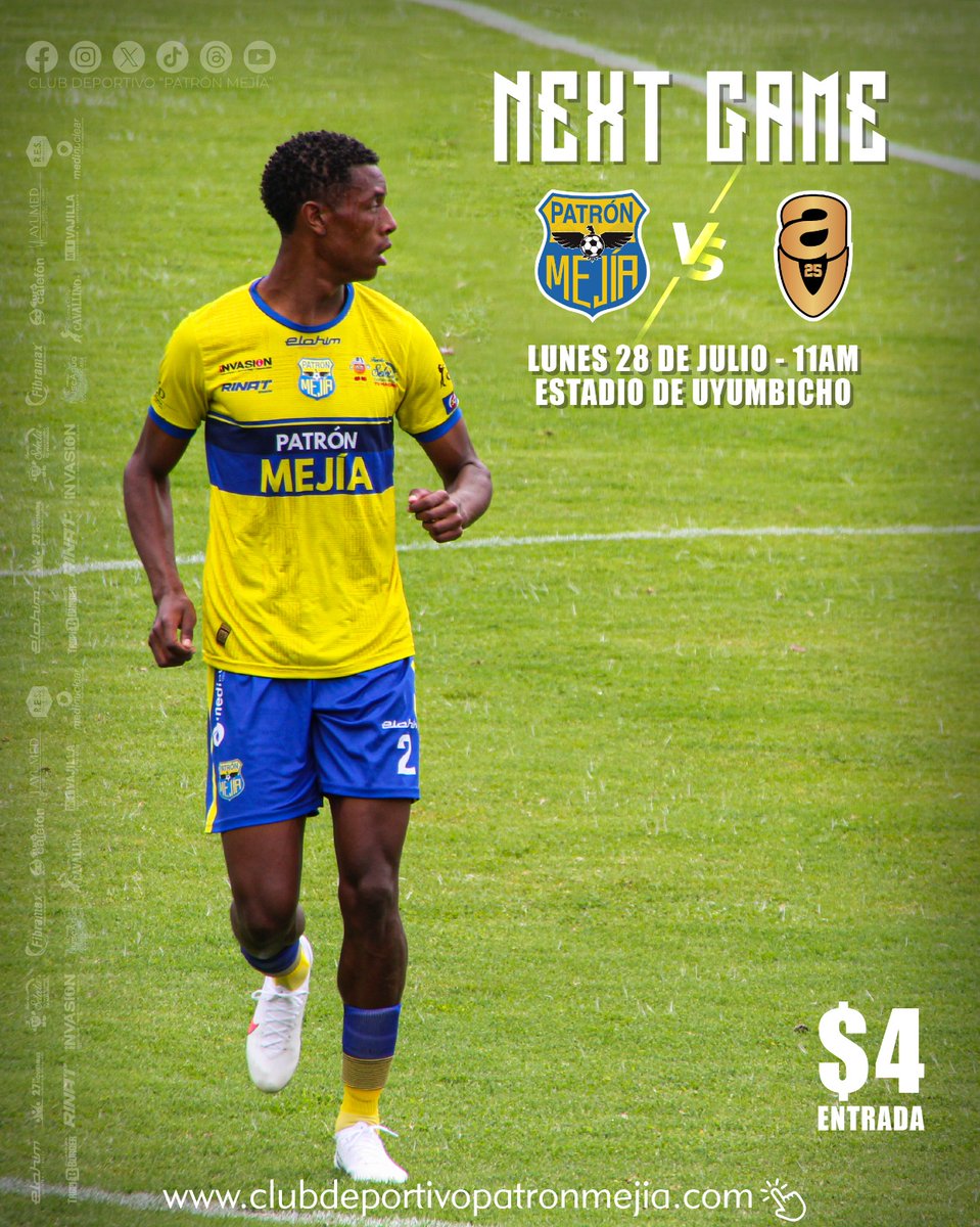 🟡🔵 ¡Vamos a alentar al Patrón, a Uyumbicho ! 🟡
💪🇺🇦⚽Club Deportivo "PATRÓN MEJÍA" 🆚️  Av25 ⚽
📅 Lunes 28 de julio de 2025
🕑 Hora: 11H00
📍 Estadio de Uyumbicho 
🎟Valor de la entrada $4

💪🇺🇦 ¡TODA LA VIDA 💙💛 juntos por el ASCENSO
#PatrónMejía #VamosPatrón #OrgulloMejía