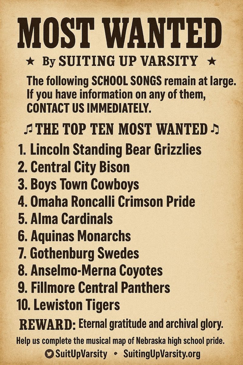 SuitUpVarsity's tweet image. Time to get tough. I'm declaring these school songs our MOST WANTED!
If you know a band guy or anyone at these schools, retweet/share & TAG THEM! Let's get answers! @roncallimedia @LSBHigh @CCPSActivities @AlmaCardinals @AquinasMonarchs @SwedesAD @AnselmoMernaFFA @FCPSPanthers