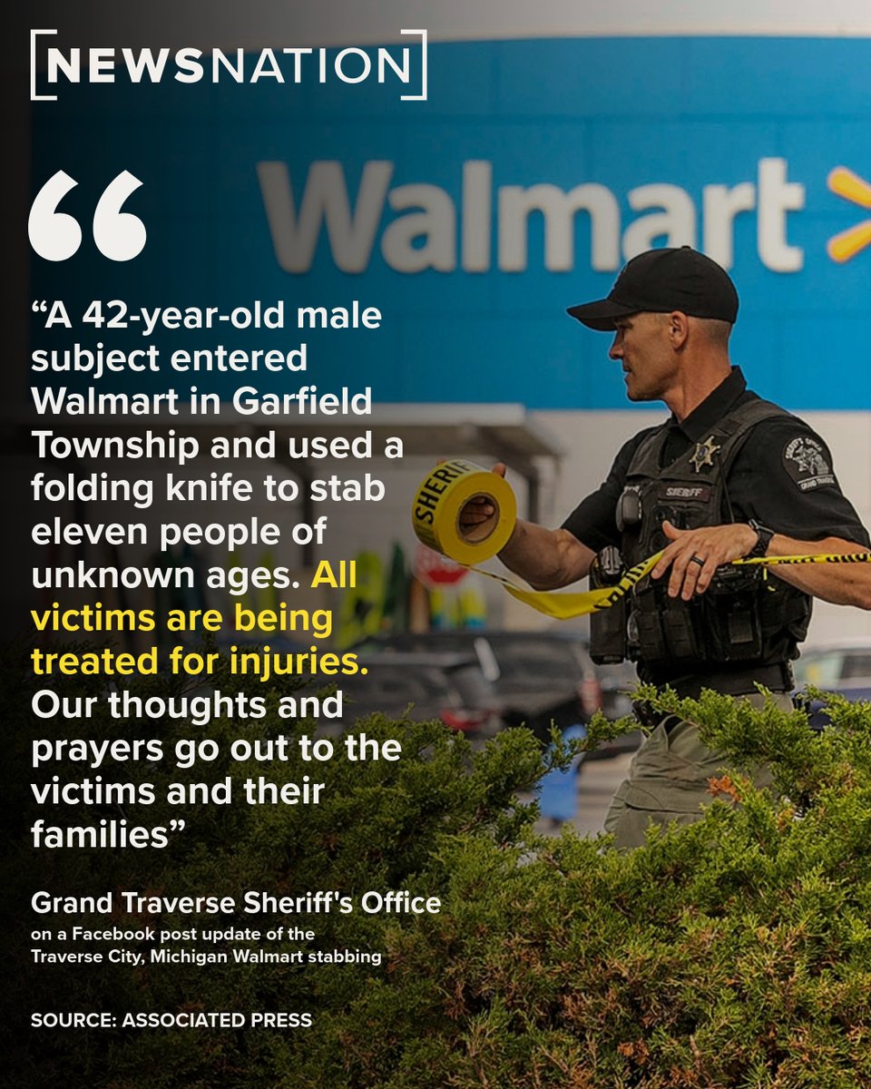 NewsNation's tweet photo. The Grand Traverse County sheriff says a 42-year-old man was arrested for stabbing 11 people inside a Walmart in Traverse City, Mich., on Saturday. 

MORE: https://t.co/Cpr1dyFiek https://t.co/otM7emixCt