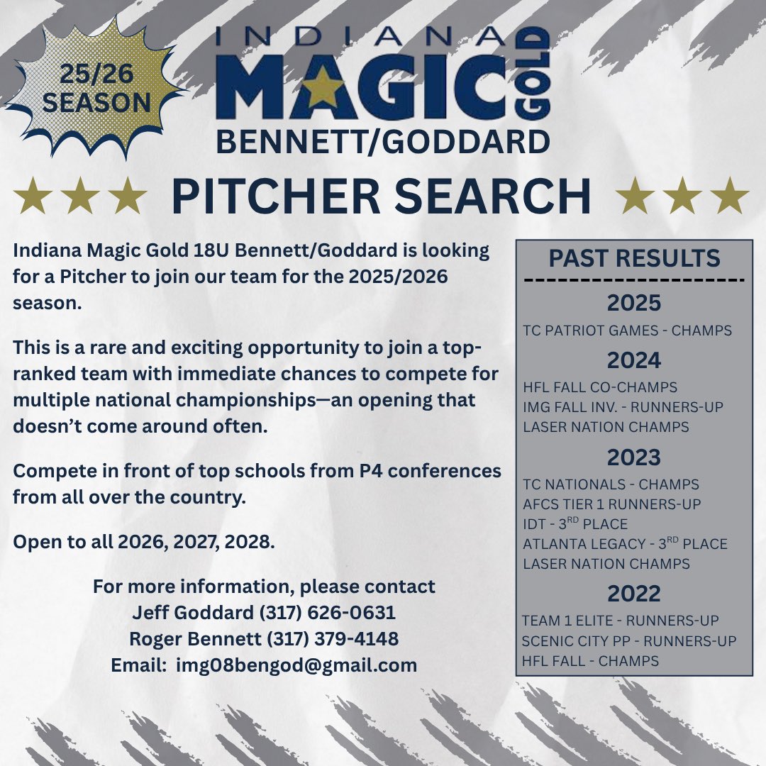 Indiana Magic Gold National Bennett/Goddard 16U (@img08bengod) on Twitter photo On the hunt for some top talent in the circle! Give us a call or DM if interested / 317-626-0631 or 317-379-4148
<a href="/thealliancefp/">The Alliance Fastpitch</a> <a href="/tagupSoftball/">tagup</a> <a href="/ExtraInningSB/">EXTRA INNING SOFTBALL</a> <a href="/los_stuff/">Carlos Arias</a> On the hunt for some top talent in the circle! Give us a call or DM if interested / 317-626-0631 or 317-379-4148
<a href="/thealliancefp/">The Alliance Fastpitch</a> <a href="/tagupSoftball/">tagup</a> <a href="/ExtraInningSB/">EXTRA INNING SOFTBALL</a> <a href="/los_stuff/">Carlos Arias</a>