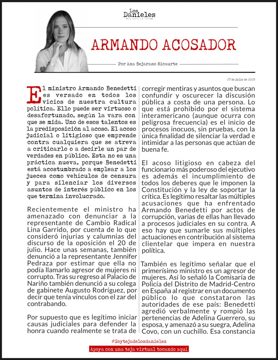 cesarusa5's tweet image. #ArmandoAcosador por @AnaBejaranoRG El ministro Armando Benedetti (@AABenedetti) es versado en todos los vicios de nuestra cultura política. Ello puede ser virtuoso o desafortunado, según la vara con que se mida. #LosDanieles @losdanieles