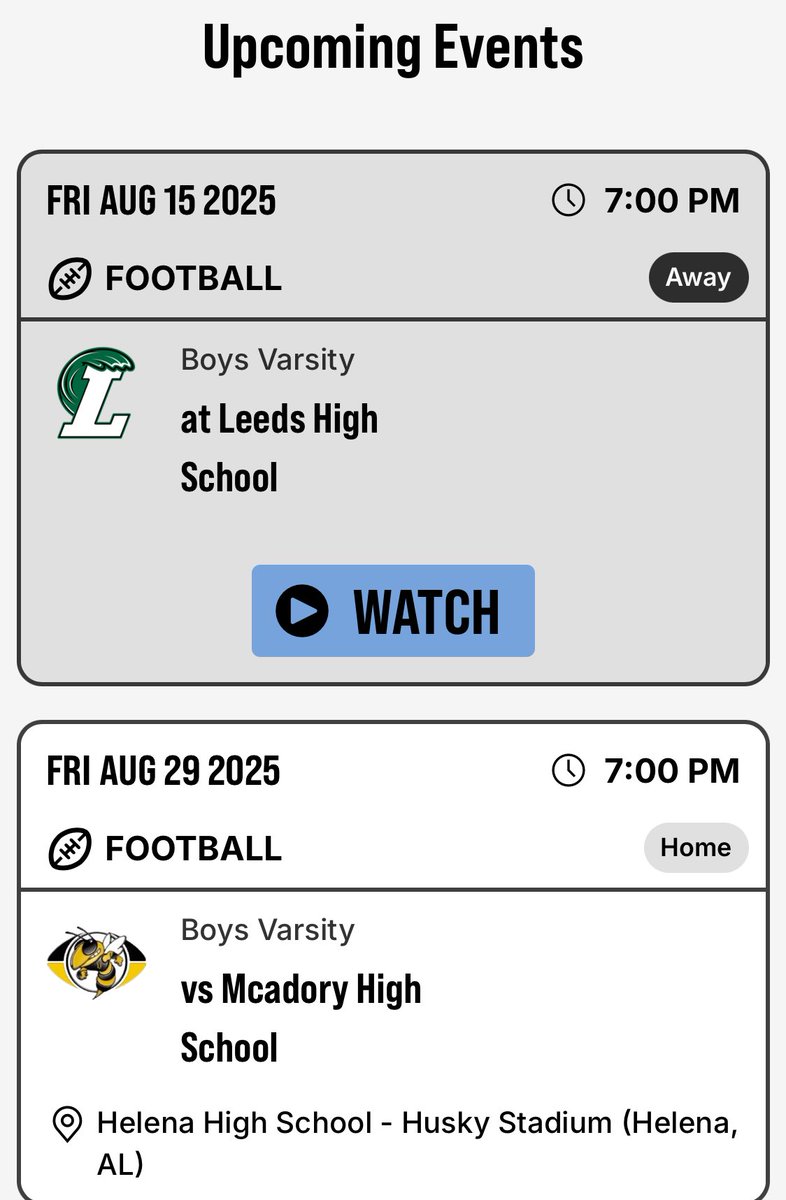 ⏰T minus 20 Days til kickoff 2025!🏈

🔥 Jamboree Aug 15 Helena @ Leeds
🏠 Home opener Aug 29 vs Mcadory

7:00 pm showtime 🍿 🎥