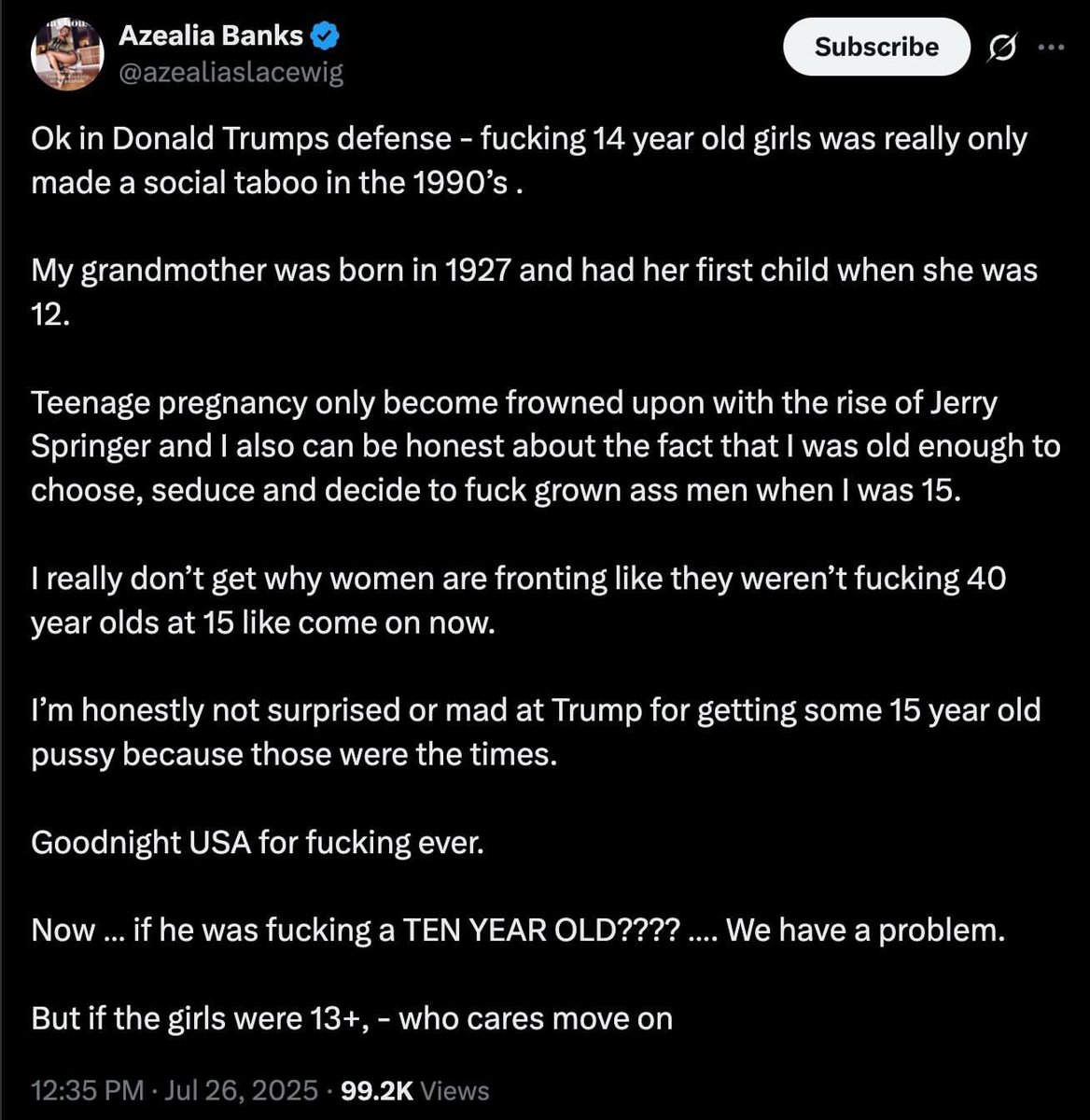 We’re at the “it’s actually ok to rape children” point in the discourse