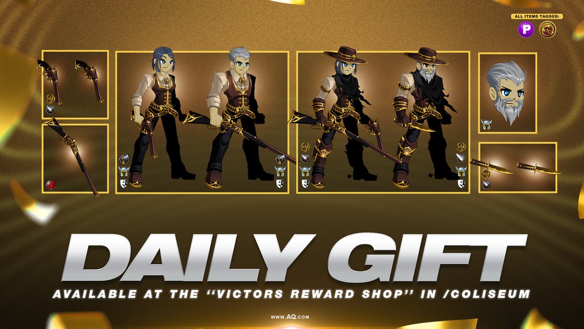 🤠 Saturday's Daily Login Gifts are here. Saddle up and head to the Coliseum now. Check out all the new Gilded Gunslinger gear in the merge shop as we celebrate #NationalCowboyDay AQ.com