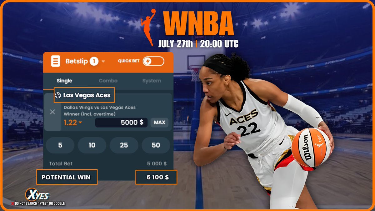Xyes_com's tweet image. 🔥 WNBA Betslip Highlight: Dallas Wings vs Las Vegas Aces!
Can the Aces dominate or will the Wings take flight? 🏀✨ Pick your side and ride the action!
🕒 Tip-off: July 27 • 20:00 UTC
💸 Bet now ➡️ xyes.com/referrals/4p6x0
#WNBA2025 #WingsVsAces #XyesSports…