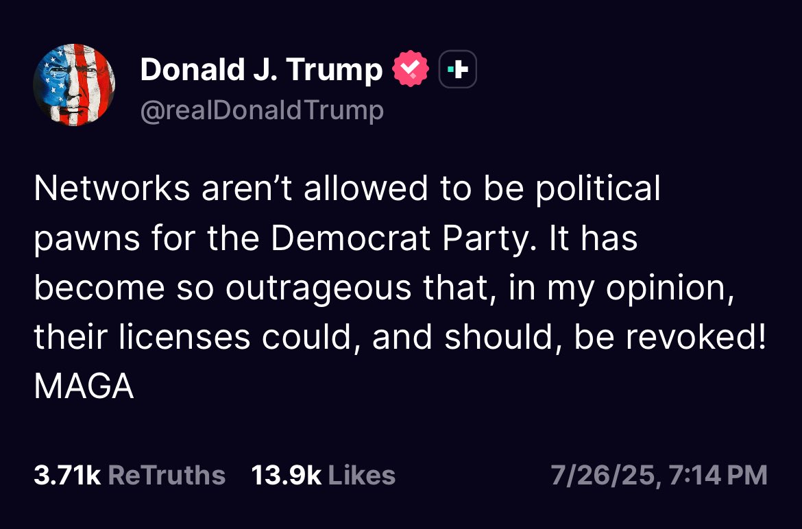 Media cannot collude with a political party or campaign!

Q1515 - Wikileaks exposed the Media did that along with coordinating with dirty FBI!

qalerts.net/?q=%23%231515

President Trump hinting to pull the dirty media licenses! 

FAFO! 🔥🔥🔥🔥🔥