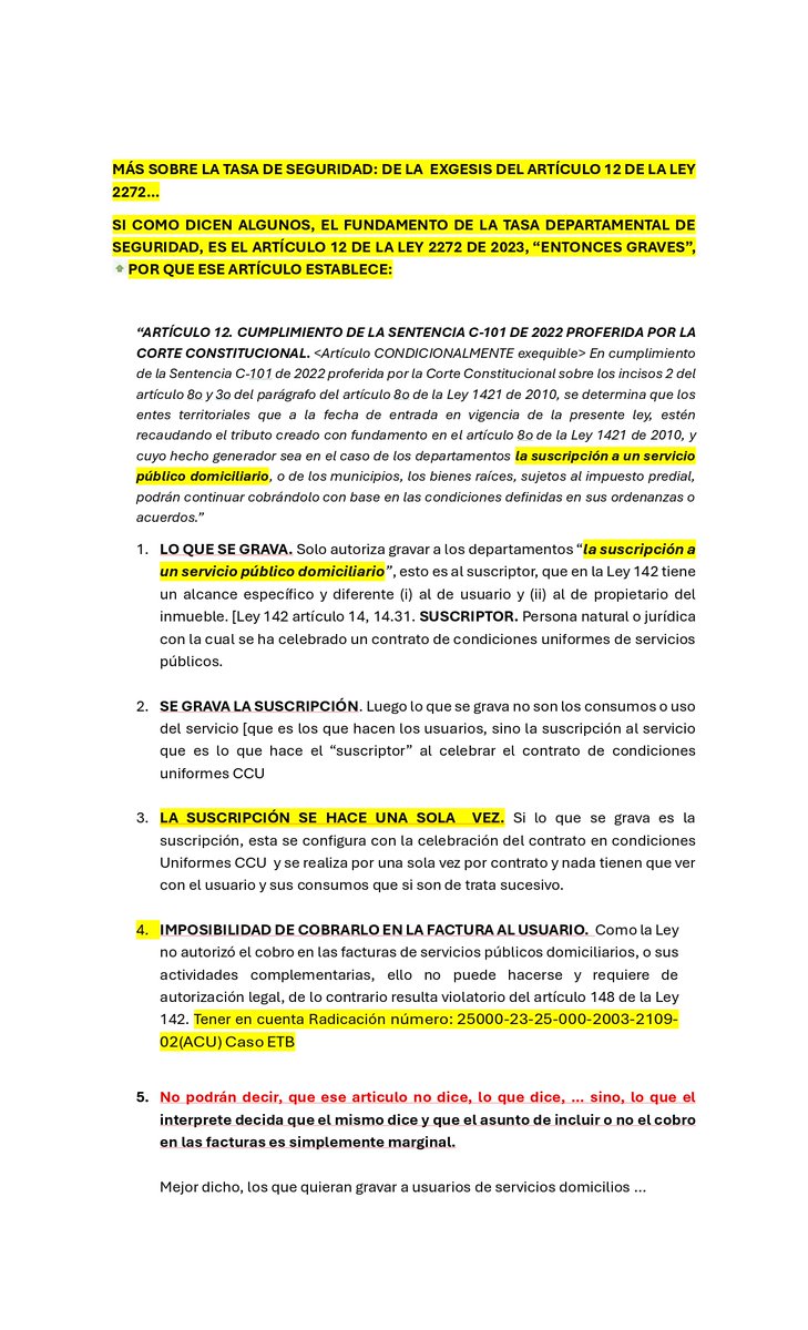 carlosateho's tweet image. DE LA  EXGESIS DEL ARTÍCULO 12 DE LA LEY 2272…
SI COMO DICEN ALGUNOS, EL FUNDAMENTO DE LA TASA DEPARTAMENTAL DE SEGURIDAD, ES EL ARTÍCULO 12 DE LA LEY 2272 DE 2023, “ENTONCES GRAVES”, POR QUE ESE ARTÍCULO ESTABLECE:📷