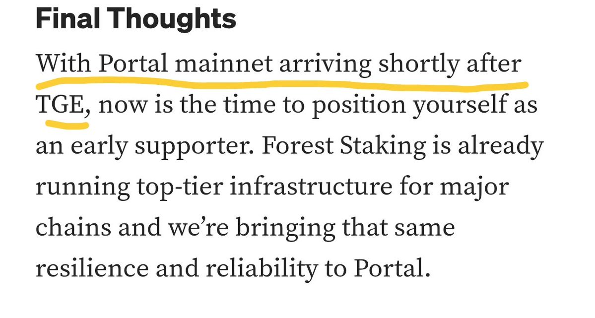 KierianV's tweet image. BREAKING: @PortaltoBitcoin TGE will happen before mainnet launch. 

It&apos;s now official, I found this in the last article they posted with Forest Staking.

Personal prediction? 1-2 weeks of August.