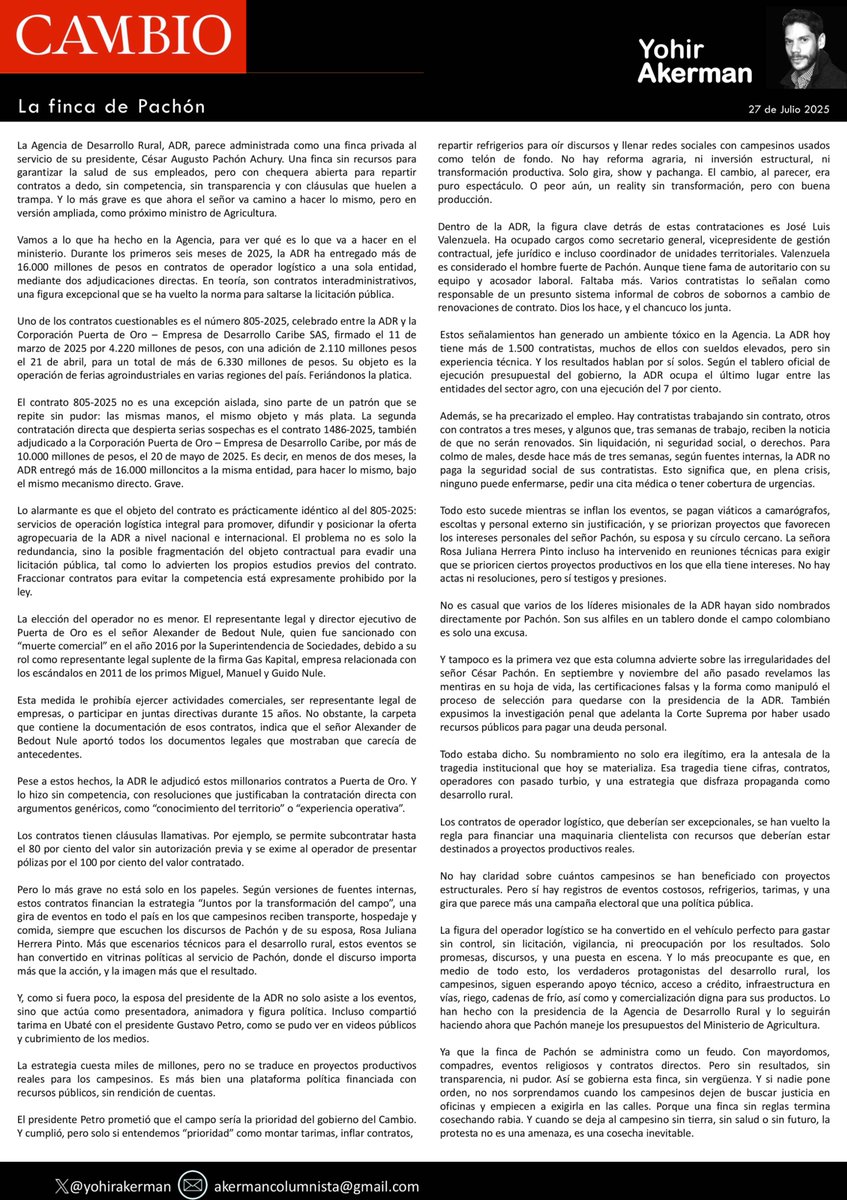 cesarusa5's tweet image. #LaFincaDePachón por @yohirakerman La ADR, parece administrada como finca privada al servicio de su presidente, César Augusto Pachón Achury. Una finca sin recursos para garantizar la salud de sus empleados, pero con chequera abierta para repartir contratos a dedo. @estoescambio