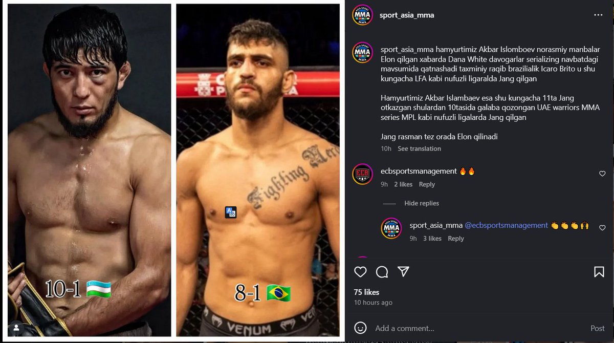 MMA__Matchmaker's tweet image. #DWCS Late News !
Per sport_asia_mma on Instagram, 🇺🇿Akbarjon Islomboev (10-1) will fight 🇧🇷Icaro Brito (8-1) later this season on the Contender Series !
#MMA #UFC