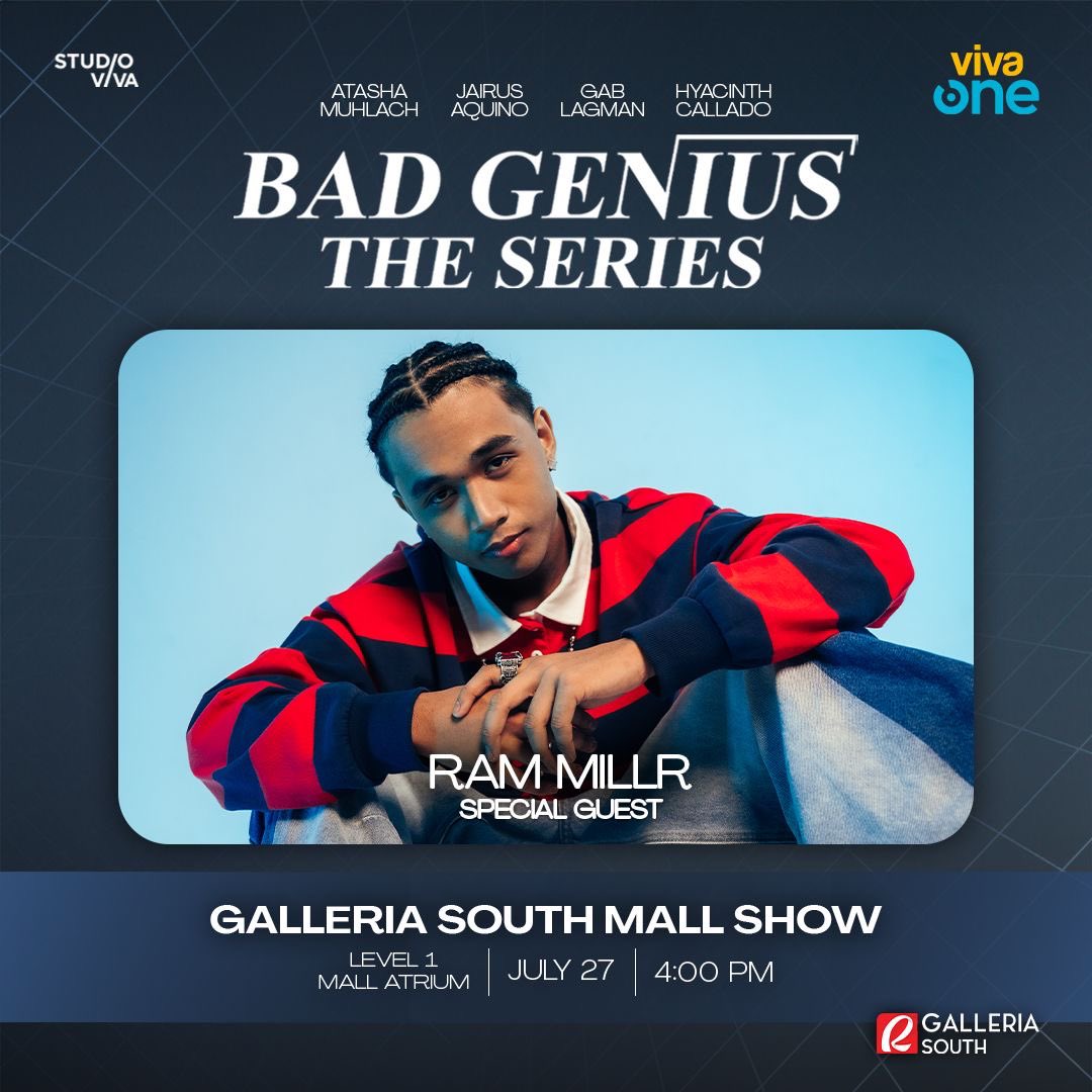 VivaOnePH's tweet image. Are you down for a head bang sesh with Ram Millr ngayong Linggo?!
Join us later July 27, 4PM sa Galleria South Mall, Level 1, Mall Atrium.
LFG, geniuses! 🧠
#BadGeniusTheSeries #BadGeniusPH #BGTSMallShow #BGTSGalleriaSouth #VivaOne