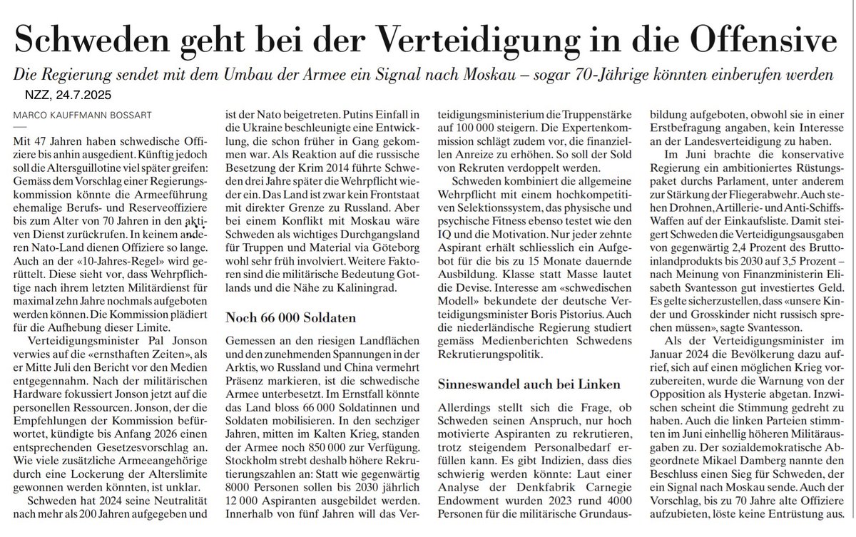 Schweden erhöht Verteidigungsausgaben von 2,4 auf 3,5% BIP (CH🇨🇭: 0,8%). Auch die linken Parteien stimmen einhellig zu. Laut #Finanzministerin Elisabeth Svantesson gut investiertes Geld. Es gelte sicherzustellen, dass «unsere Kinder &amp; Grosskinder nicht russisch sprechen müssen».