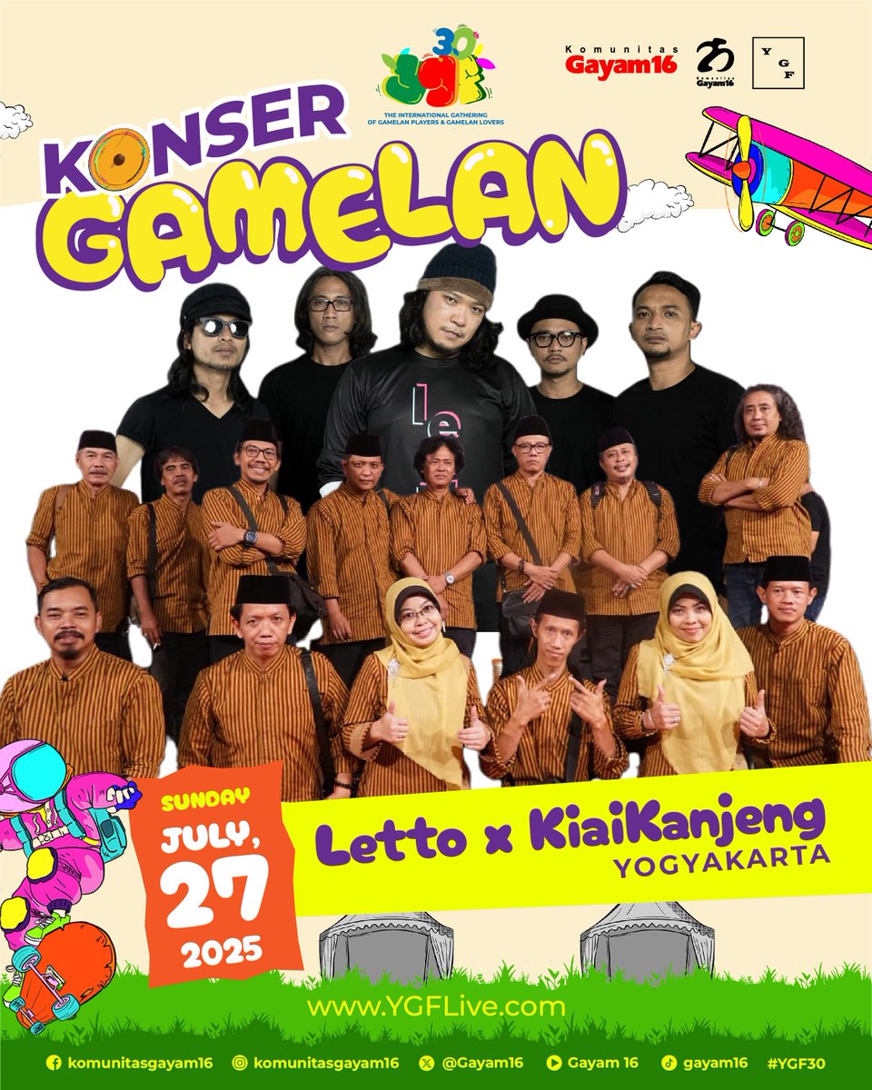 Agenda #YGF30 HARI INI, Minggu, 27 Juli 2025, yang sekaligus hari terakhir Yogyakarta Gamelan Festival ke-30 tahun ini.

Mari ramaikan, mas &amp; mbak, dan masuk tetap GRATIS.
Dan iya, ada <a href="/LettoBand/">LETTO BAND</a> juga!
