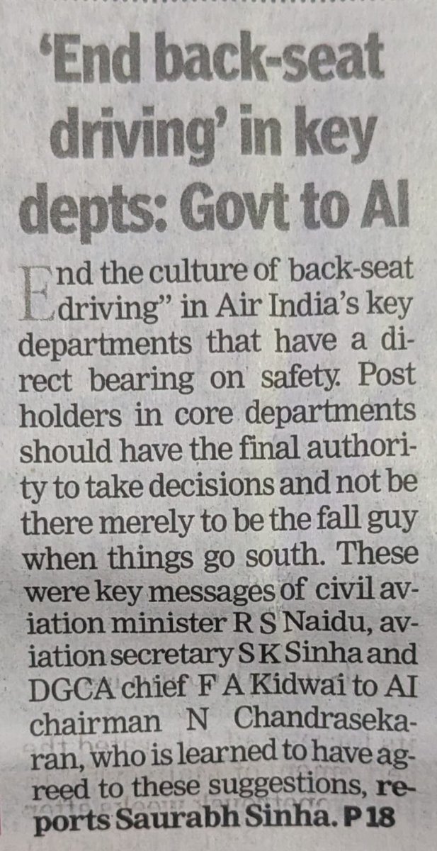 27saurabhsinha's tweet image. . @MoCA_GoI asks @airindia to "end backseat driving" in key depts
"Post holders should have final authority to take decisions. They shudn't be there to be fall guy when things go south, protecting alleged back seat drivers:" msg to @TataCompanies chief
timesofindia.indiatimes.com/india/governme…