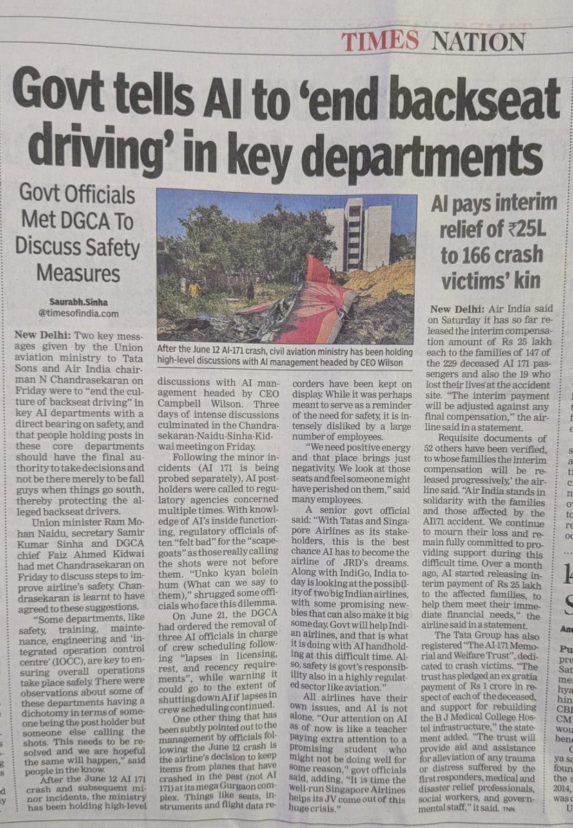 27saurabhsinha's tweet image. . @MoCA_GoI asks @airindia to "end backseat driving" in key depts
"Post holders should have final authority to take decisions. They shudn't be there to be fall guy when things go south, protecting alleged back seat drivers:" msg to @TataCompanies chief
timesofindia.indiatimes.com/india/governme…