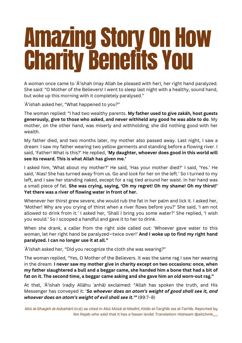 aitchmk__'s tweet image. A Truly Amazing Story Narrated by Ā’ishah رضي الله عنها Highlighting For Us the Importance of Giving In Charity &amp;amp; Not Withholding. 

Mentioned By Ibn Rajab When Explaining The Hadith About What Follows A Person To His Grave After His Death. (Charity Being One)