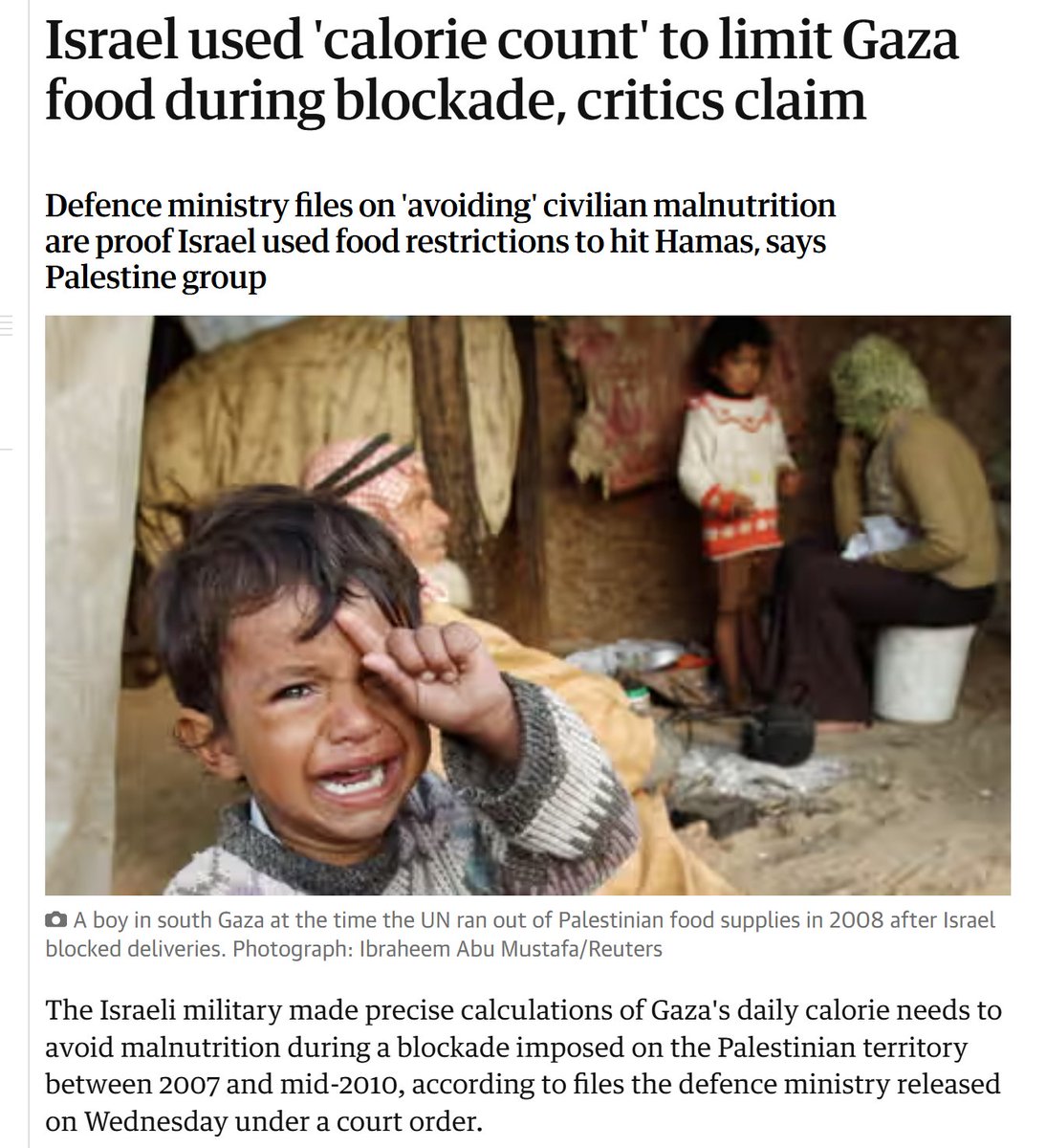 Reminding me of that Israel had imposed a "calorie count" on food imports to Gaza between 2007 and 2010 to weaponize it against Hamas.