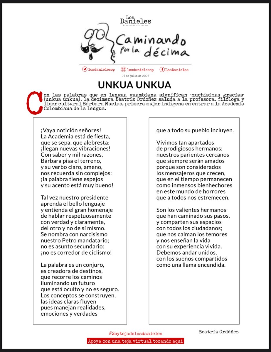 cesarusa5's tweet image. #UnkuaUnkua Con las palabras que en lengua guambiana significan “muchísimas gracias” (unkua unkua), la decimera Beatriz Ordoñez saluda a la profesora, filóloga y líder cultural Bárbara Muelas, primera mujer indígena en entrar a la Academia Colombiana de la lengua. #LosDanieles