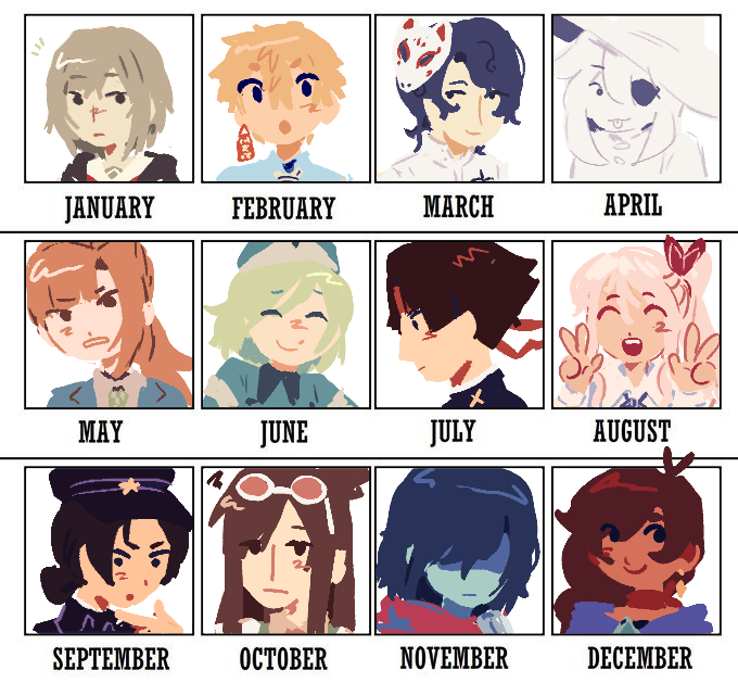 kitidr0id's tweet photo. the "your month my favourite character" thing except i doodled all of them https://t.co/BxIoFO51cg