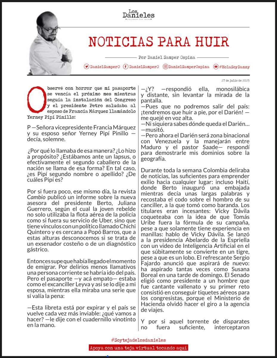cesarusa5's tweet image. #NoticiasParaHuir por @DanielSamperO Observé con horror que mi pasaporte se vencía el próximo mes mientras seguía la instalación del Congreso y el presidente Petro saludaba al esposo de Francia Márquez llamándolo Yerney Pipí Pinillo #LosDanieles
