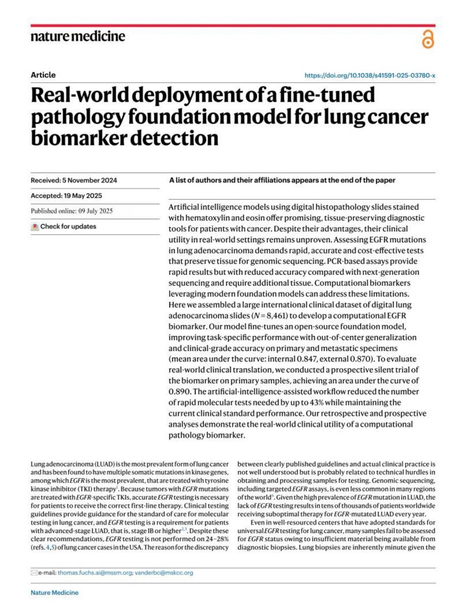 Biomarkers can be the difference between life and death, but only ~half of U.S. lung cancer patients are tested for biomarkers for which effective targeted drugs are readily available. 

This new @nature Medicine paper from <a href="/EliLillyandCo/">Eli Lilly and Company</a> shows how fine-tuning GigaPath (from