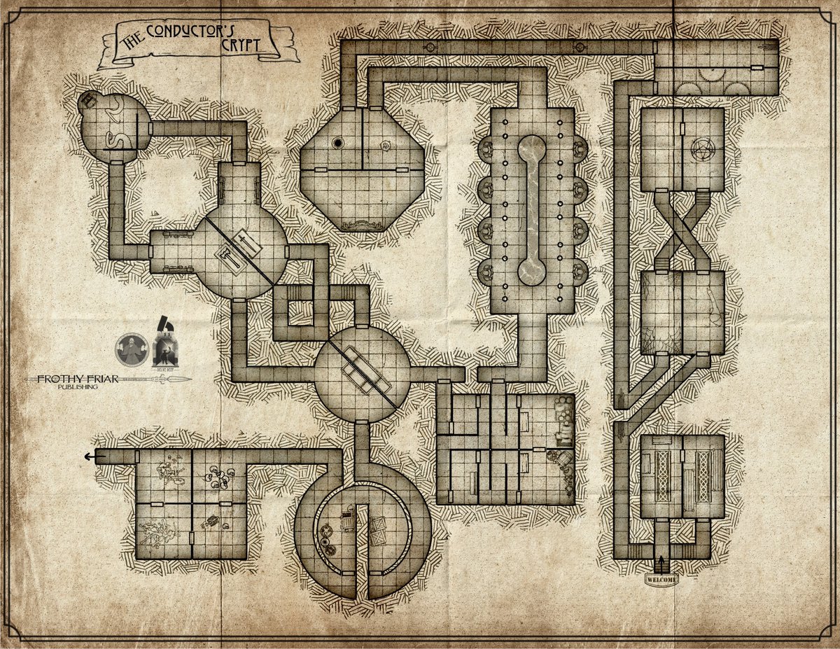 FrothyFriar's tweet image. Decided to draw the stupidest dungeon ever, called the Conductor&apos;s Crypt, because there&apos;s only one path so you can railroad your players right through it