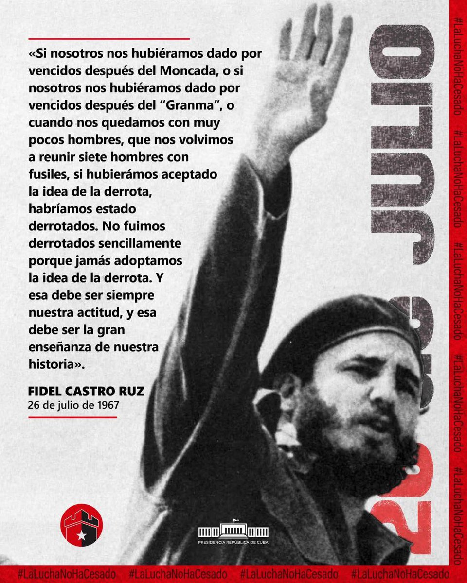 #Fidel: "No fuimos derrotados sencillamente porque jamás adoptamos la idea de la derrota. Y esa debe ser siempre nuestra actitud, y esa debe ser la gran enseñanza de nuestra historia".
#Cuba
#LaLuchaNoHaCesado
🇨🇺 🖋️ <a href="/DiazCanelB/">Miguel Díaz-Canel Bermúdez</a> 
#CubaEstáFirme #CubaVencerá #ClaridadTunera