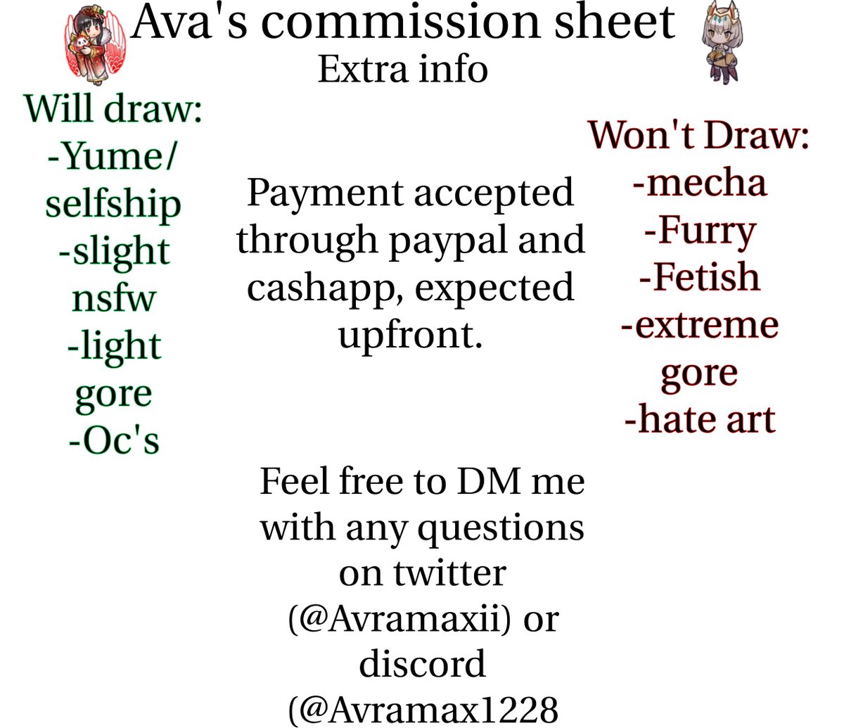 AvramaxII's tweet image. here is my comm sheet. for any other questions, feel free to dm me. comment if i dont answer semi-soon.