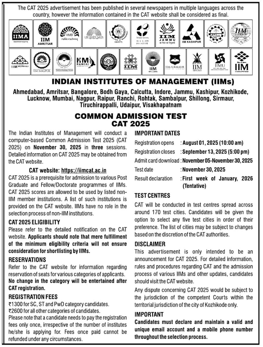 GK Career Guide (@gkcareerguide) on Twitter photo Indian Institutes of Management (IIsM) announce schedule for conduct of Common Admission Test (CAT-2025) for admission to various IIsM across the country <a href="/IIMJammu/">IIM Jammu</a> <a href="/IIM_Vizag/">IIM Visakhapatnam</a> <a href="/iimb_official/">IIM Bangalore</a> <a href="/IIMAhmedabad/">IIM Ahmedabad</a> <a href="/IIM_Calcutta/">IIM Calcutta</a> <a href="/IIML/">IIM Lucknow</a> <a href="/IIML/">IIM Lucknow</a> <a href="/IIMKozhikode/">IIM Kozhikode</a> <a href="/KCF_Tweets/">Kashmir Care Foundation</a> <a href="/jkscientists/">JK Scientists</a> Indian Institutes of Management (IIsM) announce schedule for conduct of Common Admission Test (CAT-2025) for admission to various IIsM across the country <a href="/IIMJammu/">IIM Jammu</a> <a href="/IIM_Vizag/">IIM Visakhapatnam</a> <a href="/iimb_official/">IIM Bangalore</a> <a href="/IIMAhmedabad/">IIM Ahmedabad</a> <a href="/IIM_Calcutta/">IIM Calcutta</a> <a href="/IIML/">IIM Lucknow</a> <a href="/IIML/">IIM Lucknow</a> <a href="/IIMKozhikode/">IIM Kozhikode</a> <a href="/KCF_Tweets/">Kashmir Care Foundation</a> <a href="/jkscientists/">JK Scientists</a>