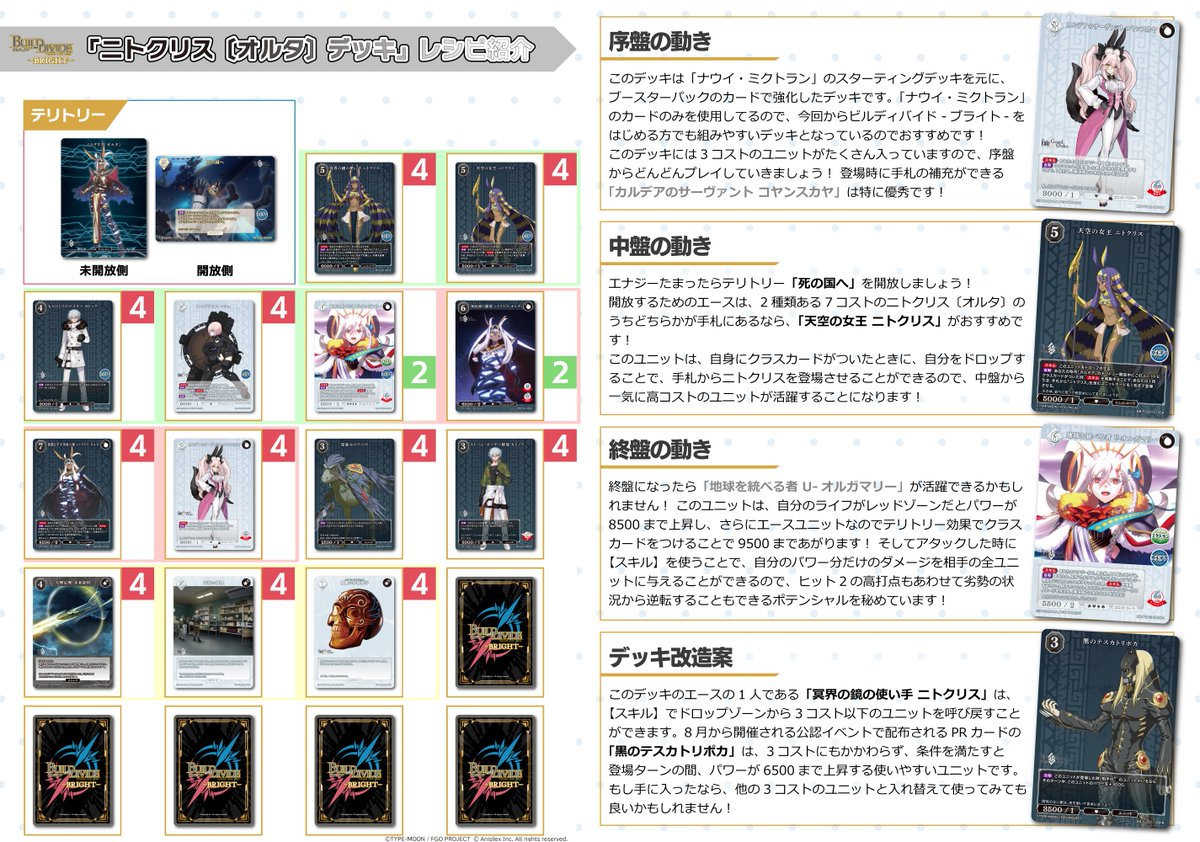 build_divide's tweet image. 📢公式おすすめデッキ
『ニトクリス〔オルタ〕(死の国へ)』編
スターティングデッキを元に、
ブースターパックのカードで
強化したデッキです!
スターティングデッキ&ブースターパック
8月2日(土)発売✨
tcg.build-divide.com/bright/recomme…
#FGO
#ビルディバイドブライト
#BDデッキ