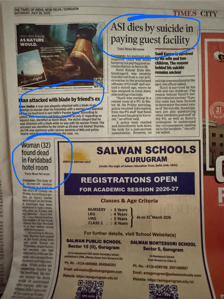 veenavenugopal's tweet image. There were (only) three stories in yesterday’s City page in Times of India’s gurgaon edition.
Man assaulted with blade
Woman found dead
Policeman commits suicide