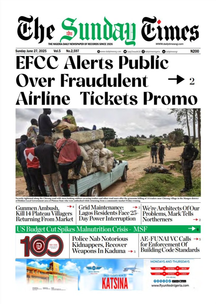 DailyTimesNGR's tweet image. #HeadlinesToday #newsfeed #news #cover #DailyTimesNGR #MattersArising #newspaper #WeekendNews #news #trendingreelsvideoviraltodayシ゚viralシfbreels #BURSAYANIYOR #ไทยกัมพูชา #precure