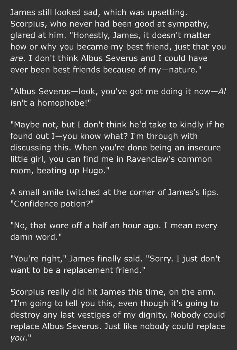 absorpsion's tweet image. why can’t i find another scorbus fic like this. it’s genuinely one of my fav hp fics… not only is the scorbus good but james and scorps friendship is so fucking cute i love them… and papa draco is to die for im weak for him