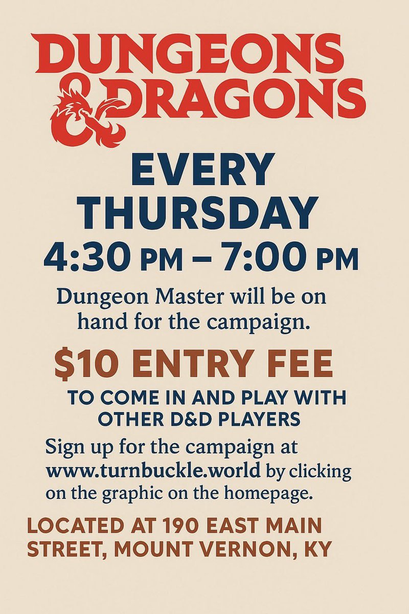 TurnbuckleWorld's tweet image. Go to turnbuckle.world, click on the D&D banner and get signed up for Thursday. Only a $10 entry fee! Our Dungeon Master has an awesome campaign. 4:30-7:00pm every Thursday.