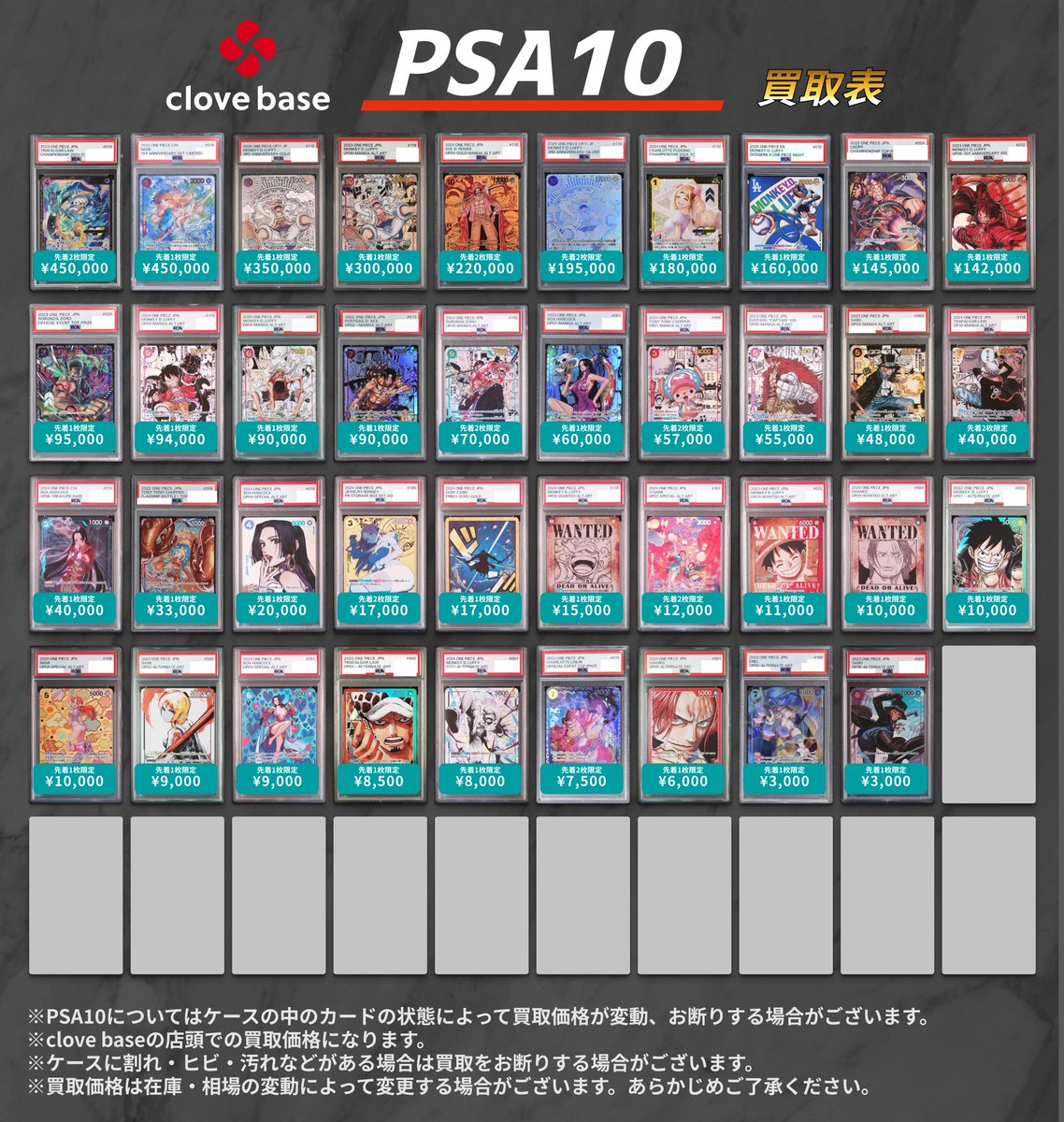 CloveBase's tweet image. 【PSA買取表】
7/27 4⃣ ワンピース 買取時間 13:30-18:00
おひとりさま1回まで、3枚までの受付となります。
ワンピースPSAはこのポストの買取表に載っているカードのみの買取になります。