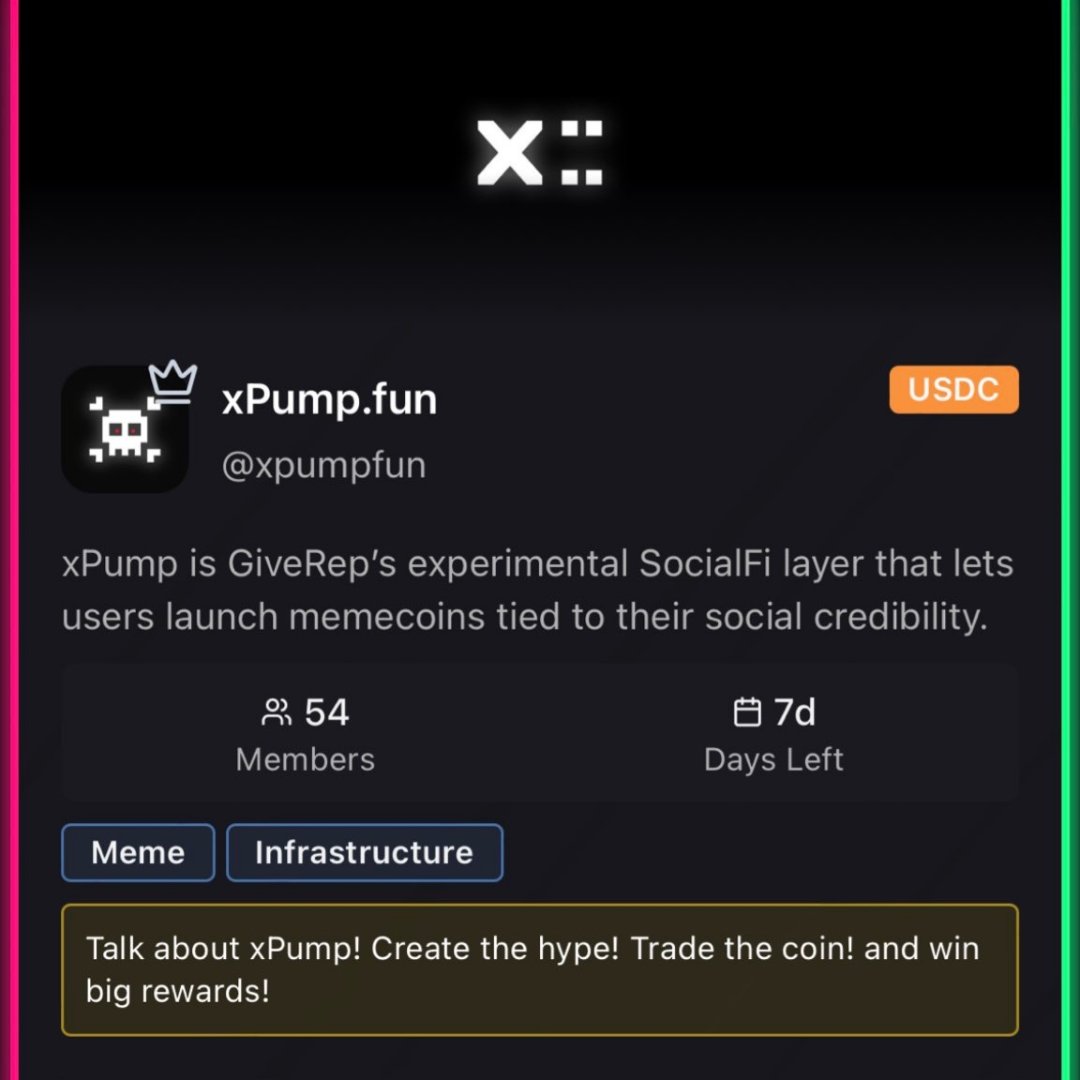 GM
New day and  new project 
<a href="/xpumpfun/">xPump.fun</a>
 on loyalty 
<a href="/GiveRep/">GiveRep</a>
 
We have 7 days to interact with the project🤩
usdc rewards are waiting for us.

Interact with me and earn too.
Let's earn together.

1 Like = 1 $Rep 🤩
1 Comment = 1 $Rep 🤩
1 Rt = 1 $Rep 🤩

<a href="/xpumpfun/">xPump.fun</a>
 
<a href="/GiveRep/">GiveRep</a>