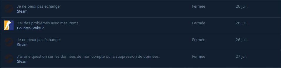 <a href="/Steam/">Steam</a> a vraiment pas peur ahah, ils ferment automatiquement tous mes tickets, sans me parler.

Eh bien, j'ai pas d'autre choix que de porter plainte et de les emmener au tribunal, pour 599$.

Je vous tiens au courant 😊