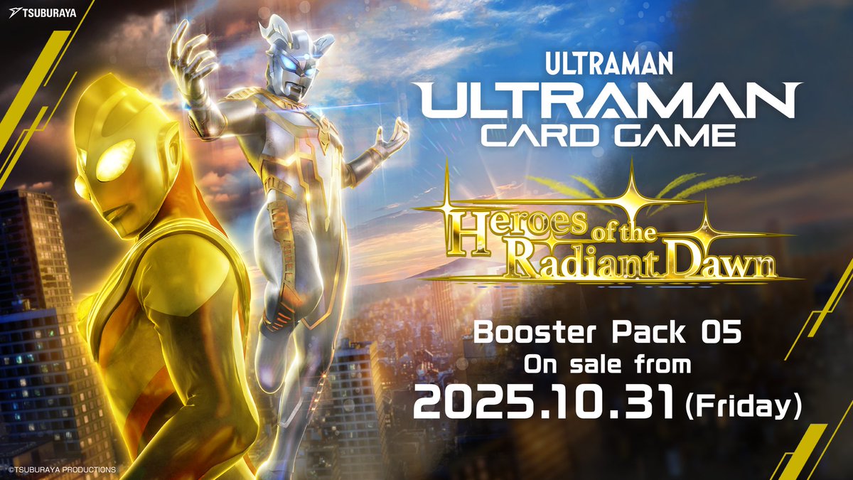 ucg_en's tweet image. ◢◤#UltramanCardGame◢◤
Introducing Booster Pack 05 “Heroes of the Radiant Dawn”, on sale 31 October 2025!
Glitter Tiga and Shining Ultraman Zero will finally make their appearance!✨
A brand new rarity, RRRR (Quad Rare) will be introduced, alongside Level 4 cards for Ultra…