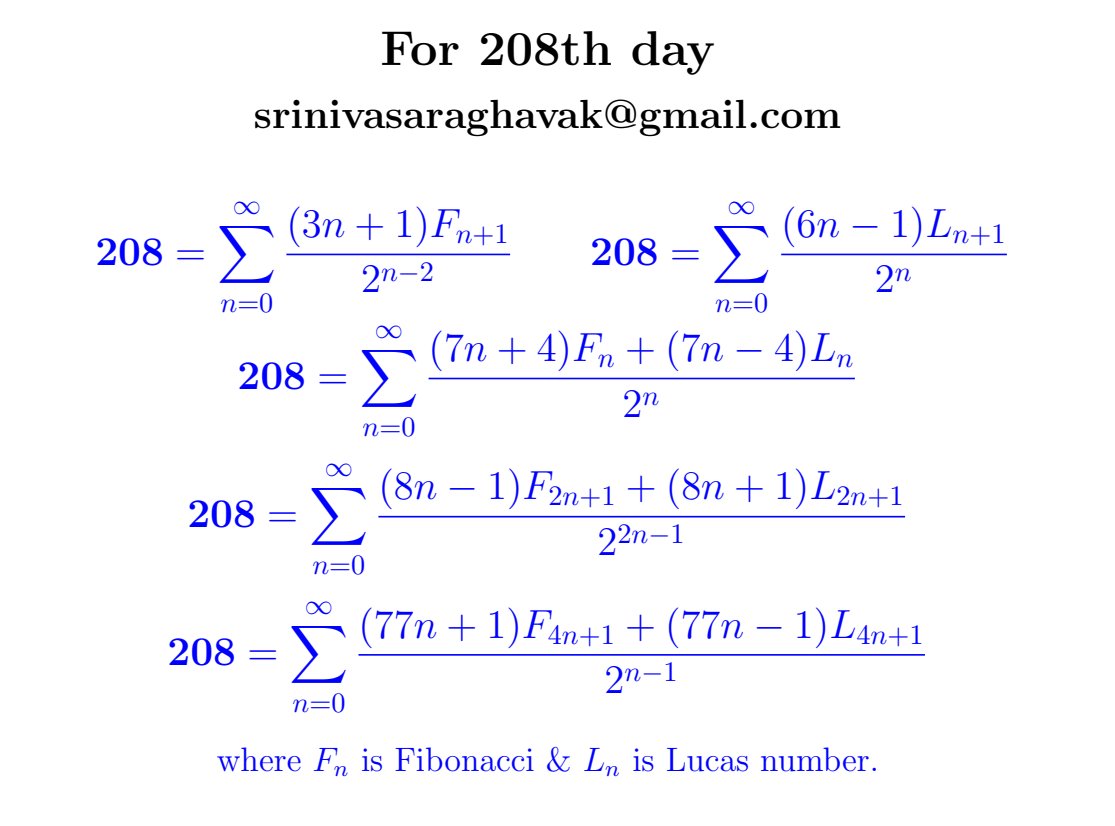 SrinivasR1729's tweet image. On the 208th day of the year, we are presented with these seemingly straightforward yet nice summations that beautifully encapsulate the number 208 in an unparalleled manner.
#math #today