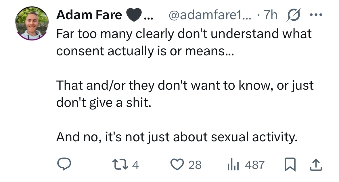 Pharmageddon24's tweet image. Adam “PSSD is in the pamphlet” Fare accuses others of not understanding consent.
