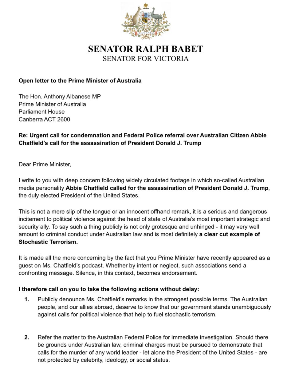 senatorbabet's tweet photo. My open letter to Prime Minister Albanese regarding the recent calls for the assassination of President Donald J. Trump by an Australian media personality. https://t.co/hQCWbaPLqS