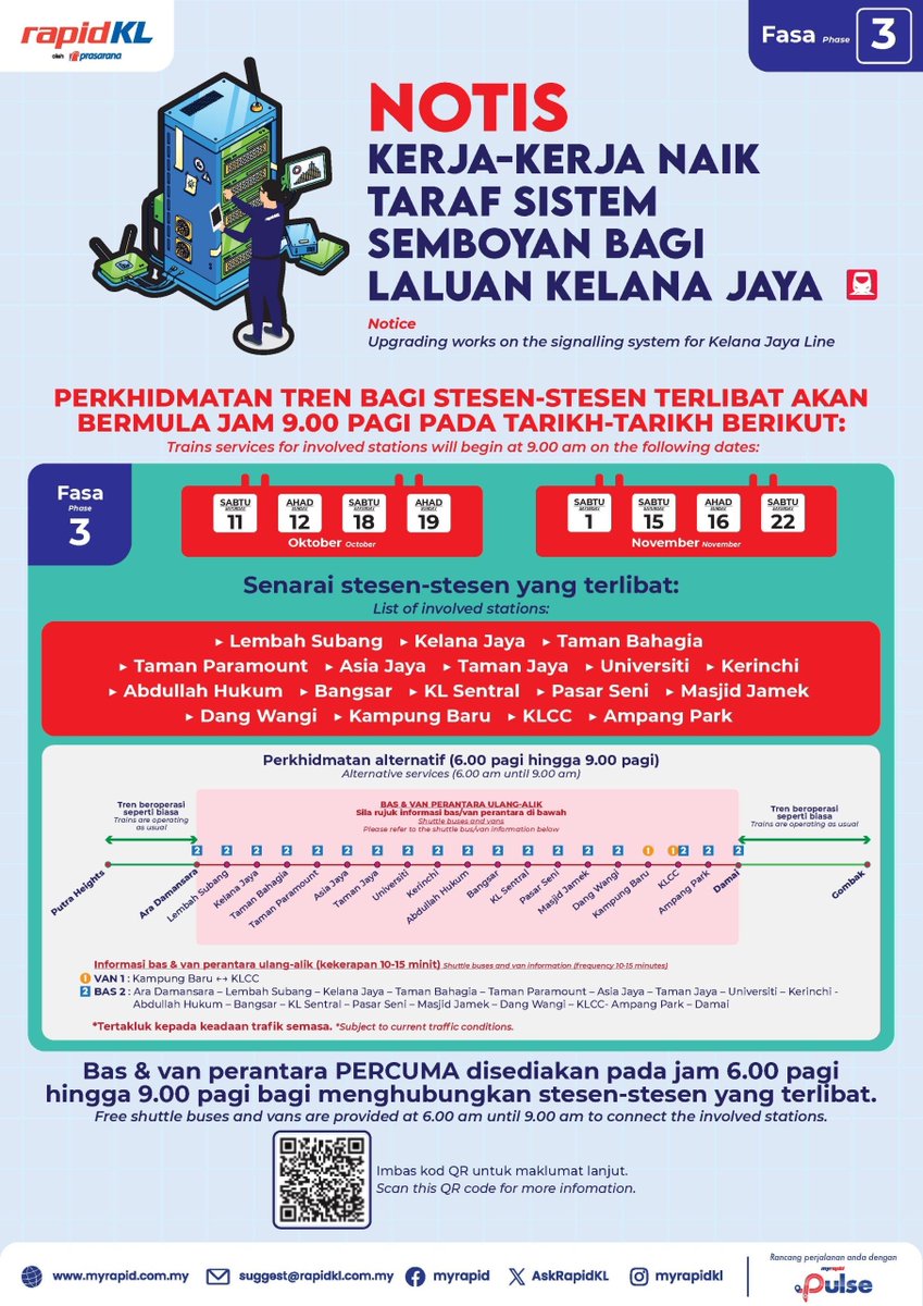 If you rely on Kelana Jaya LRT during weekend mornings, take note of engineering work that will shift first train timings from the usual 06:00 to 09:00 from next month onwards

Bus bridging services will operate during the LRT downtime until first trains resume operations