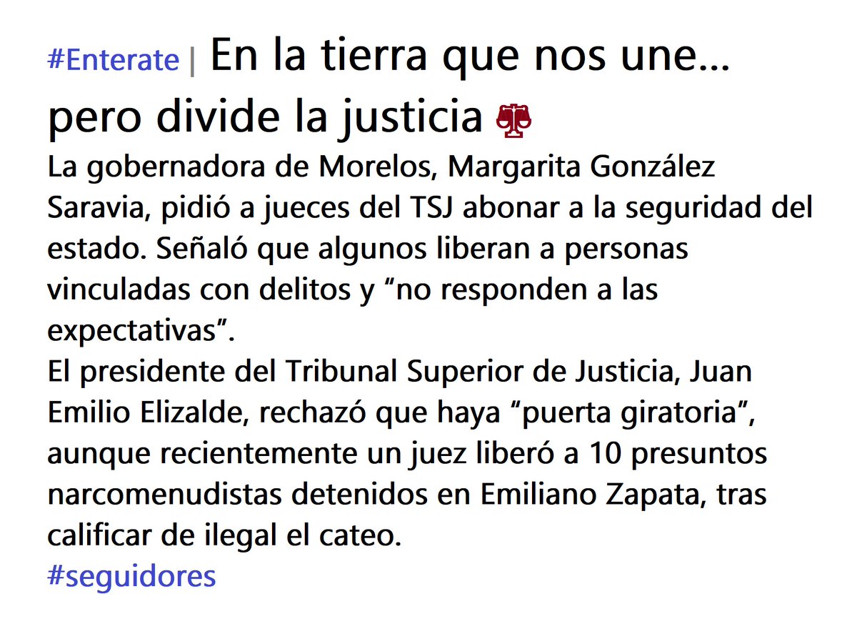 DigitaMorelos's tweet image. #Enterate | En la tierra que nos une… pero divide la justicia 📷
La gobernadora de #Morelos, Margarita González Saravia, pidió a jueces del TSJ abonar a la seguridad del estado. Señaló que algunos liberan a personas vinculadas con delitos y “no responden a las expectativas”.